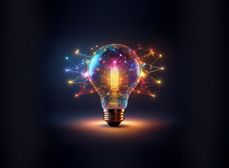 A glowing lightbulb, radiating colorful energy and interconnected nodes, symbolizes innovation, creativity, and brilliant ideas.  The image evokes a sense of ingenuity and progress.