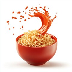 flying ramen with a splash of red sauce, isolated on a white background
