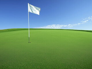 Obraz premium Golf course with green grass and blowing flag.
