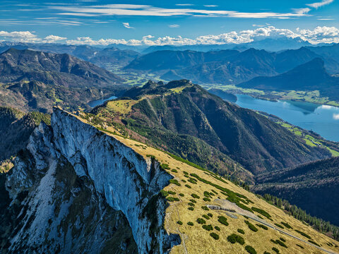 Aerial view of Schafberg mountain near Lake Wolfgangsee under cloudy sky
