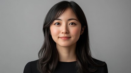 Obraz premium Portrait of a Young East Asian Woman with Long Dark Hair in a Minimalistic Studio Setting, Exuding Confidence and Poise