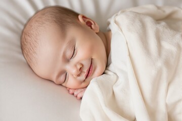 Smiling Baby Boy Sleeping Peacefully Wrapped in White Blanket
