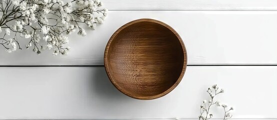 Wooden Bowl Mockup on White Wooden Table with Dry Flowers, Top View, Flat Lay