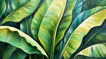 Large, green banana leaves with rich colors and detailed shapes in an oil painting style. Natural lighting highlighting the beauty of tropical foliage, perfect for artistic decor or wall art.
