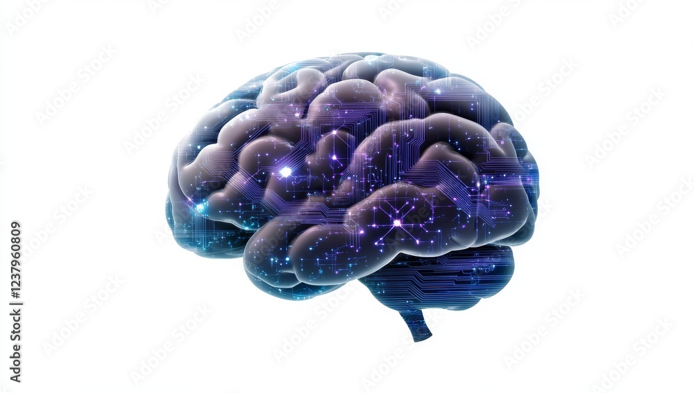 Poster artificial intelligence brain with circuit patterns on white background