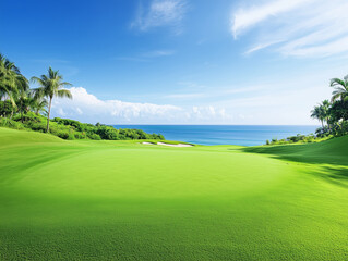Green golf course with ocean view and blue sky.