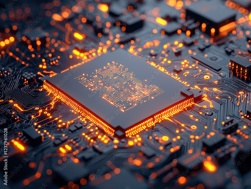Poster high-tech 2nm processor chip with glowing connections on an intricate circuit board in a modern envi
