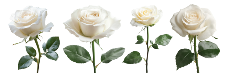 Set of elegant white roses with green leaves, isolated on transparent cutout background