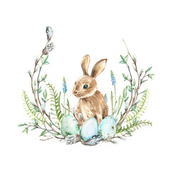 Easter composition with rabbit, eggs, hellebore flowers and fern leaves. Hand-drawn watercolor illustration isolated on white background. Template for holiday decoration