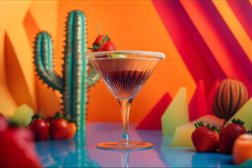 Colorful cocktail with fresh fruit against a vibrant backdrop featuring decorative cacti and geometric shapes