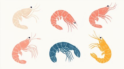 Naklejka premium shrimp icons, pastel colors, simple shapes, flat design style, white background, cute and quirky, cute and colorful illustrations, simple hand-drawn illustration, simple hand-drawn illustration
