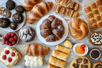 Delicious assortment of baked goods displayed on a rustic wooden table with colorful pastries and desserts