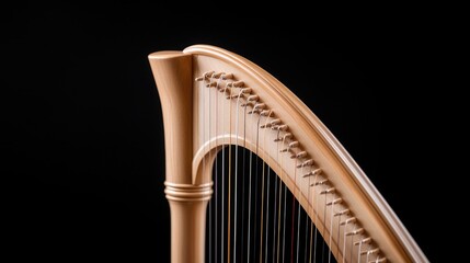 Harp detail, strings, wood, music, black background, classical concert