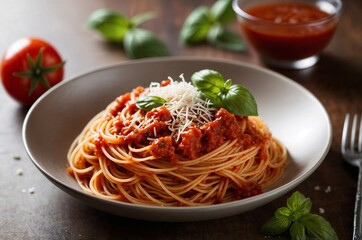 Delicious spaghetti with tomato sauce and basil served in a rustic kitchen setting