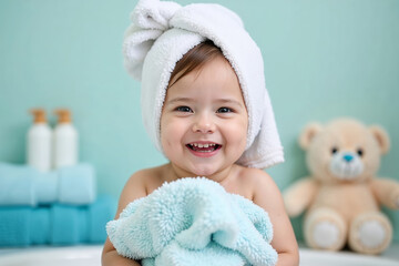 Happy toddler wrapped in a towel after bath smiling at the camera in a bright bathroom setting