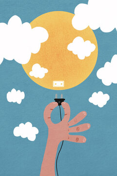 Hand connecting a plug to the sun, symbolizing solar energy, clean power, and a sustainable future
