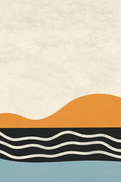 Vibrant abstract landscape painting with orange hills, blue water, and textured background