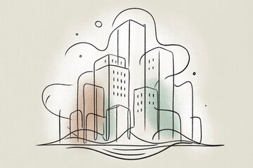 Continuous line drawing of urban skyline with colorful abstract shapes