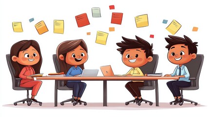 Creative cartoon children in office workspace. Young children group at meeting table. Collaboration and teamwork in business setting. Colorful, playful, modern style, ideal for showcasing interaction