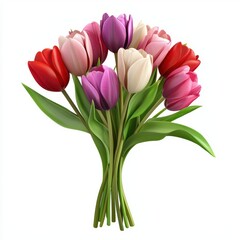 Fototapeta premium fresh bouquet of mixed tulips in romantic shades, isolated on a white background for Saint Valentines Day