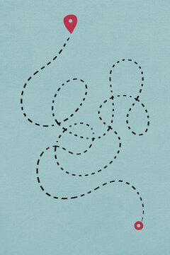 A complex dotted line on a light blue map symbolizes a challenging and lengthy journey between two points