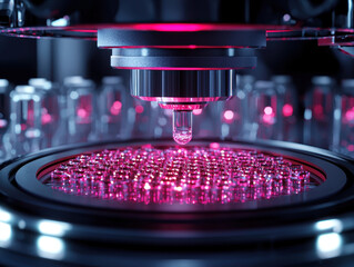 Robotic system conducting molecular analysis in a futuristic pharmaceutical lab with a glowing digital interface