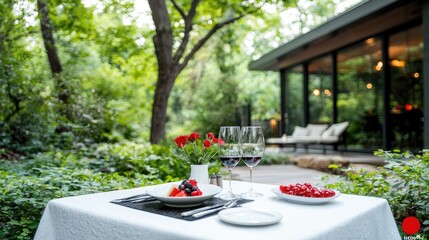 Romantic garden dining fruit dessert, wine, patio