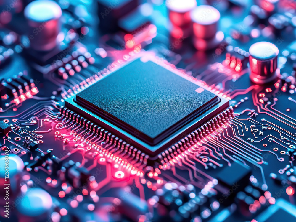 Poster detailed circuitry on a 2nm processor showcasing advanced wiring and transistors in a cleanroom envi