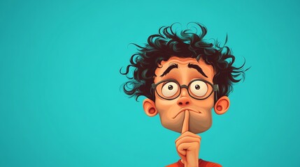 A cartoon character with curly hair and glasses holds a finger to his lips, suggesting silence or secrecy, against a bright blue background.