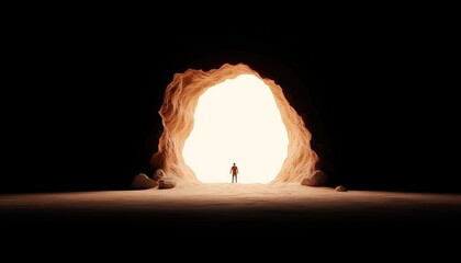 A solitary figure stands at the entrance of a cave, illuminated by bright light, symbolizing hope