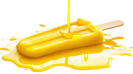 Yellow popsicle melting on transparent background with juice pouring on it