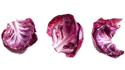 Obraz premium Three rotating red cabbage halves isolated on transparent background