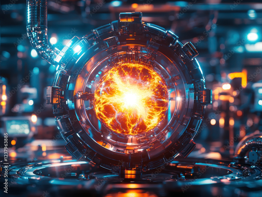 Poster fusion energy reactor generates intense plasma stream within magnetic fields, illuminating a cutting