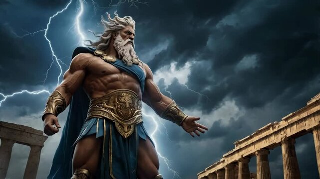Zeus, the almighty ancient Greek king god of Olympus and god of thunder, surrounded by storm clouds and lightnings