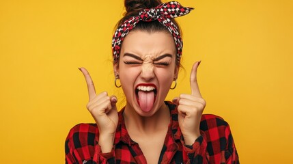 Obraz premium woman sticking out tongue playful expression red plaid shirt