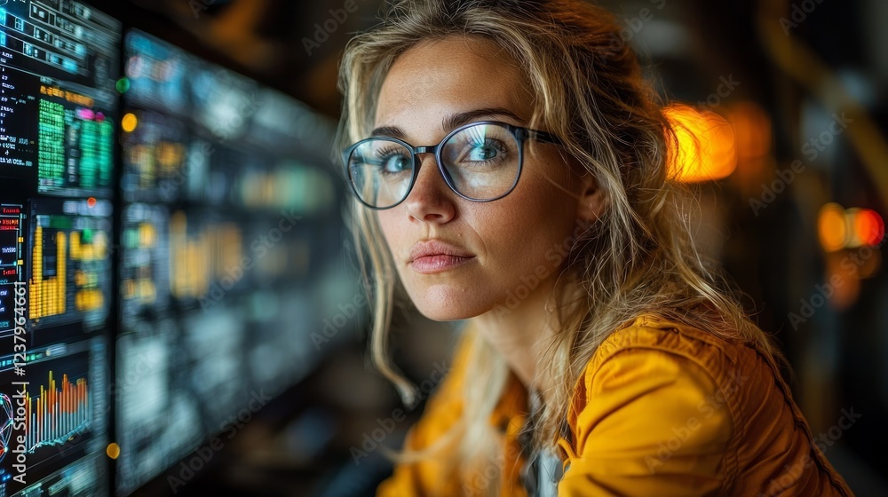 Poster woman programmer analyzing data at night