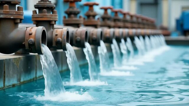 Clean clear water flowing through valves mounted on cylindrical metal pipes aligned horizontally in an industrial water treatment facility.