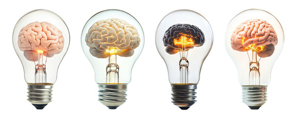 Set of light bulbs with brains inside, symbolizing creativity, isolated on transparent cutout background