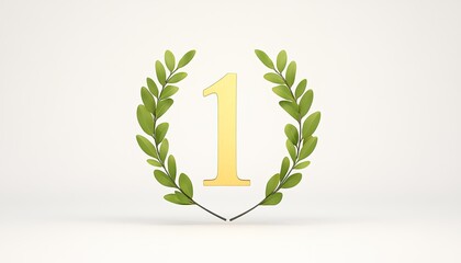 Golden number one surrounded by green laurel leaves on a clean, light background