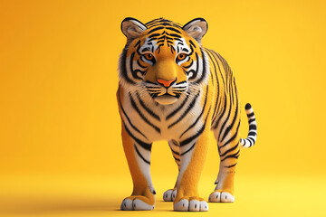 tiger on a yellow background, tiger on a blank yellow background, a tiger, tiger, cute tiger, yellow background, copy space for add text, 3d rendering, 3d, vector, AI generative