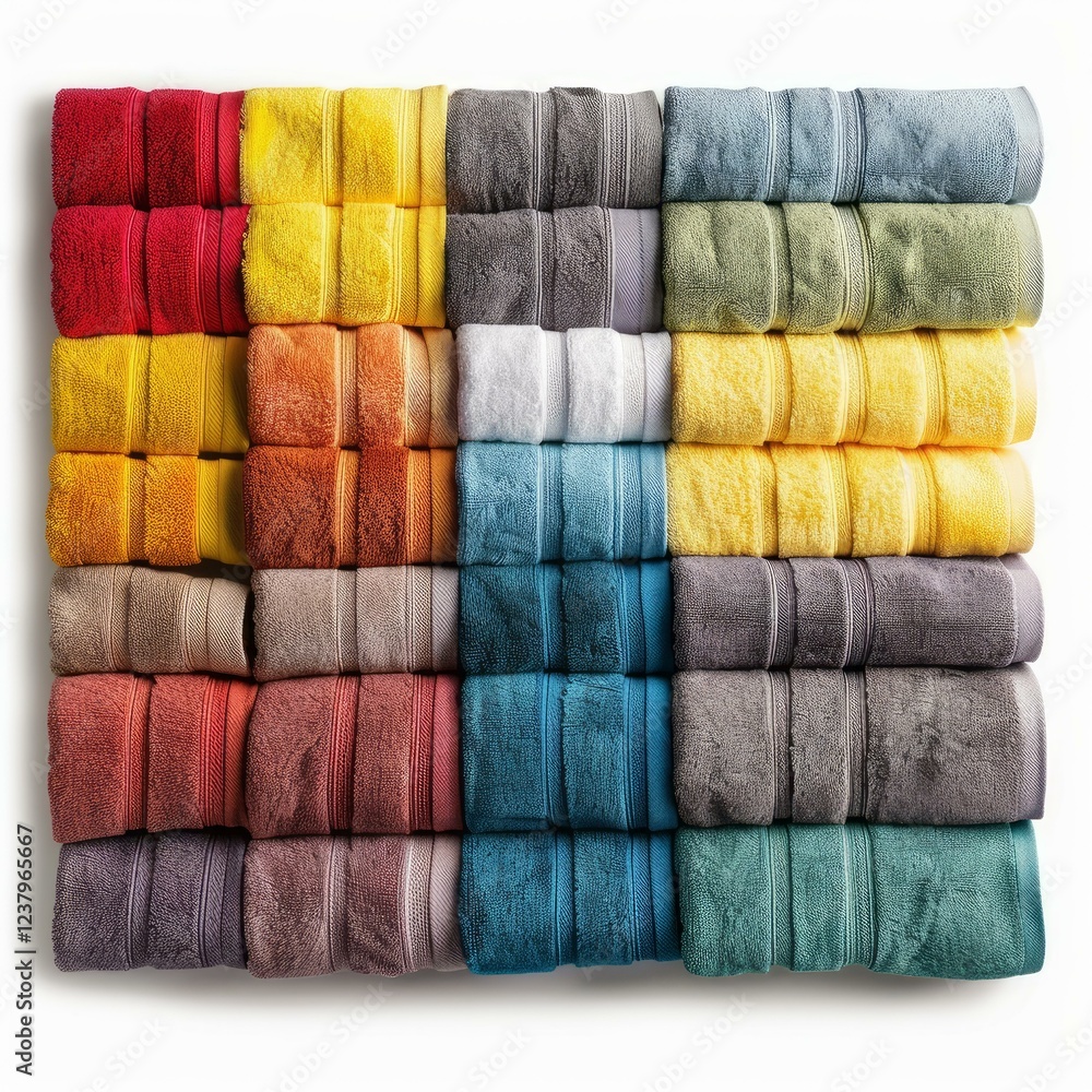 Poster soft, fluffy towels neatly rolled and arranged by color, creating a visually appealing display