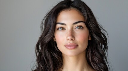 Naklejka premium In a serene setting, a radiant multiethnic woman with flowing dark hair captures attention with her captivating smile and expressive eyes