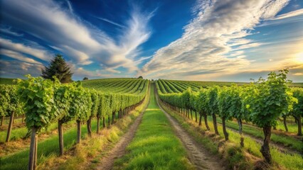 Fototapeta premium Serene Vineyard Rows at Sunset, Lush Green Vines and Grassy Pathways Leading to a Distant Horizon Under a Dramatic Sky