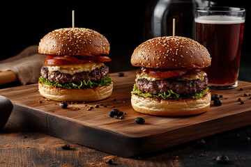 Two delicious hamburgers served on a wooden cutting board, paired with a refreshing glass of beer, perfect for a satisfying meal