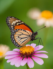 Fototapeta premium Close-up of a butterfly resting on a flower, its colorful wings spread wide, with a softly blurred garden background, embodying the delicate beauty of spring.