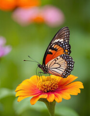 Fototapeta premium Close-up of a butterfly resting on a flower, its colorful wings spread wide, with a softly blurred garden background, embodying the delicate beauty of spring.