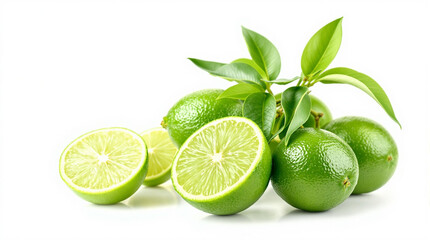 A cluster of lime fruits with leaves isolated on white background