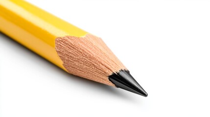 Close-up of sharpened yellow pencil point against white background, ready for writing or drawing, illustrating creativity and education