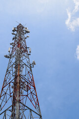 Radio communication antenna on blue sky background. Telecommunication tower or Mobile phone tower