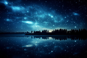 Naklejka premium A breathtaking starry night over a calm body of water, with a silhouette of a distant forest or city skyline.